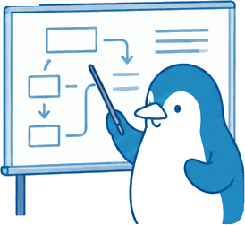 ホワイトボードで流れを説明しているペンギン
